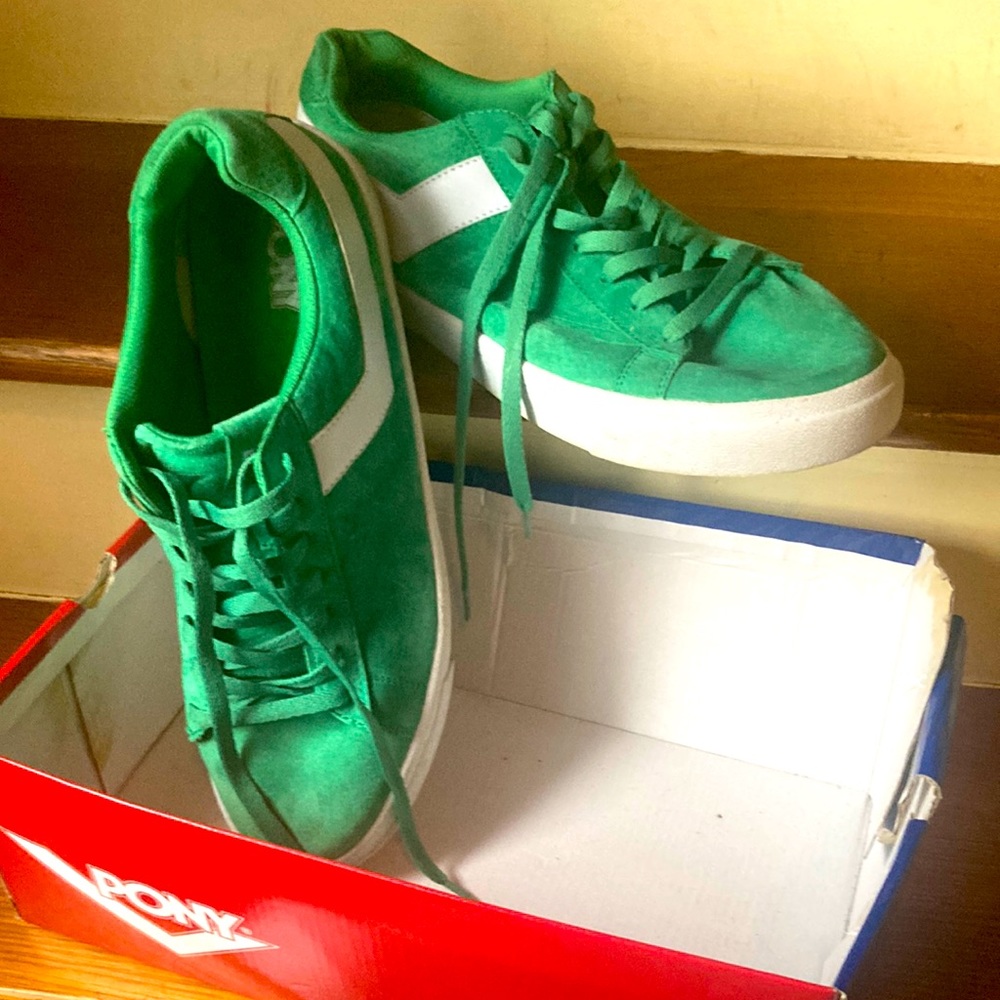 Vibrant green Pony, suede sneakers.